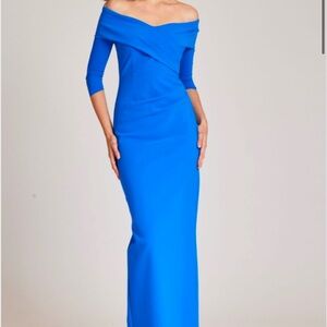 Rickie Freeman for Teri Jon Off-the-Shoulder Royal Blue Long Sleeve Gown